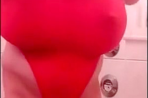My huge boobs red swimsuit...