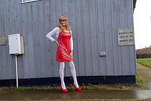 Tranny outdoors red pvc dress...